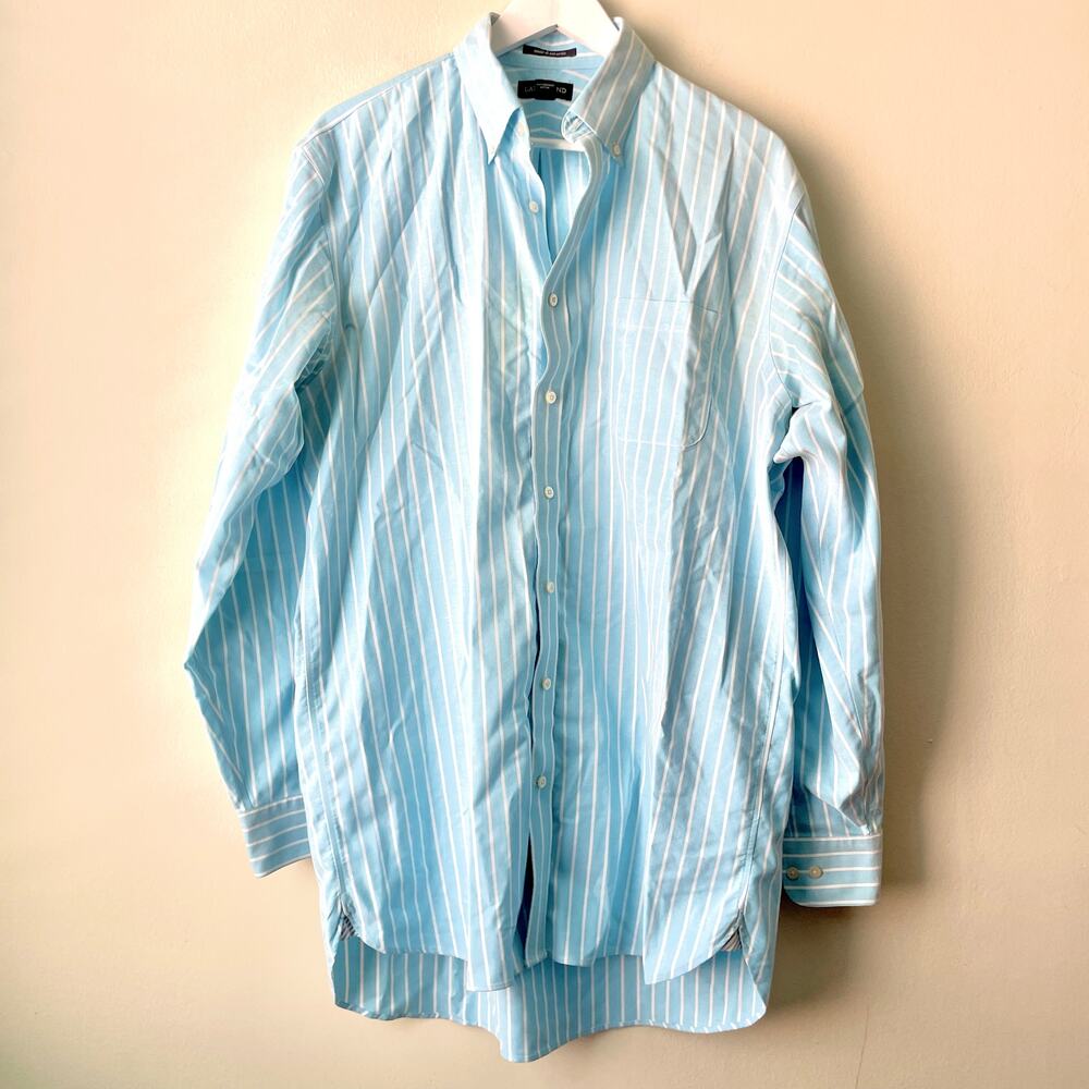 Lands' End Blue & White No Iron Oxford Stripe Button Down Shirt - Size 16.5"